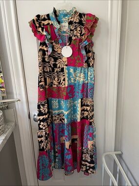 Umgee Patchwork Ruffle Midi Dress in Teal, Fuchsia, Black, Cream